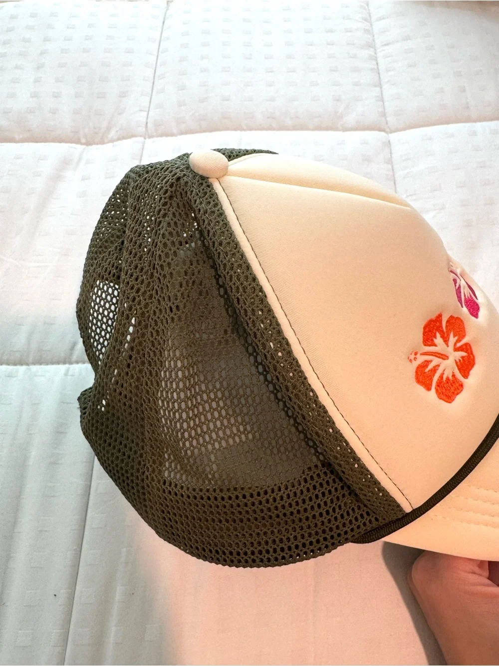 Kids Floral Trucker Hat - Cream with Pink & Orange Hibiscus